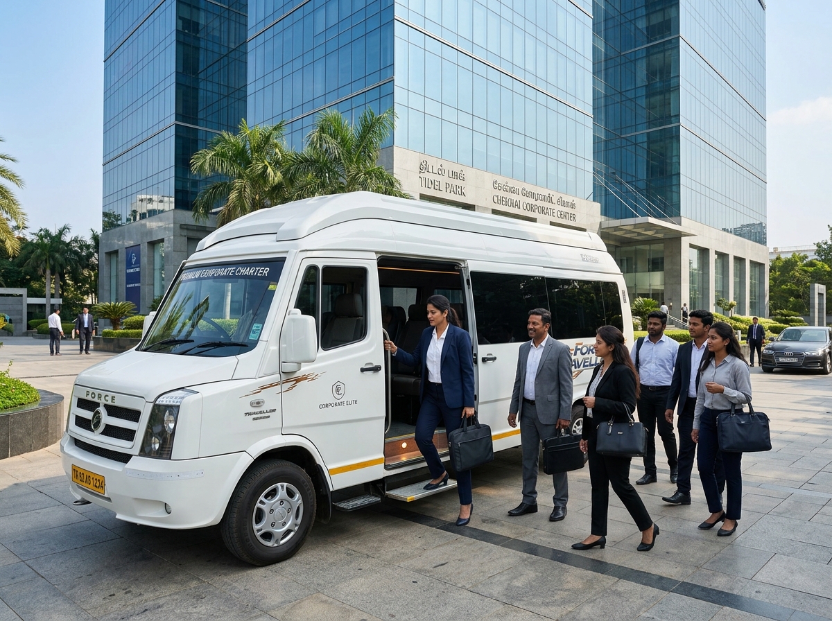 Corporate Team Boarding Tempo Traveller at Tidel Park